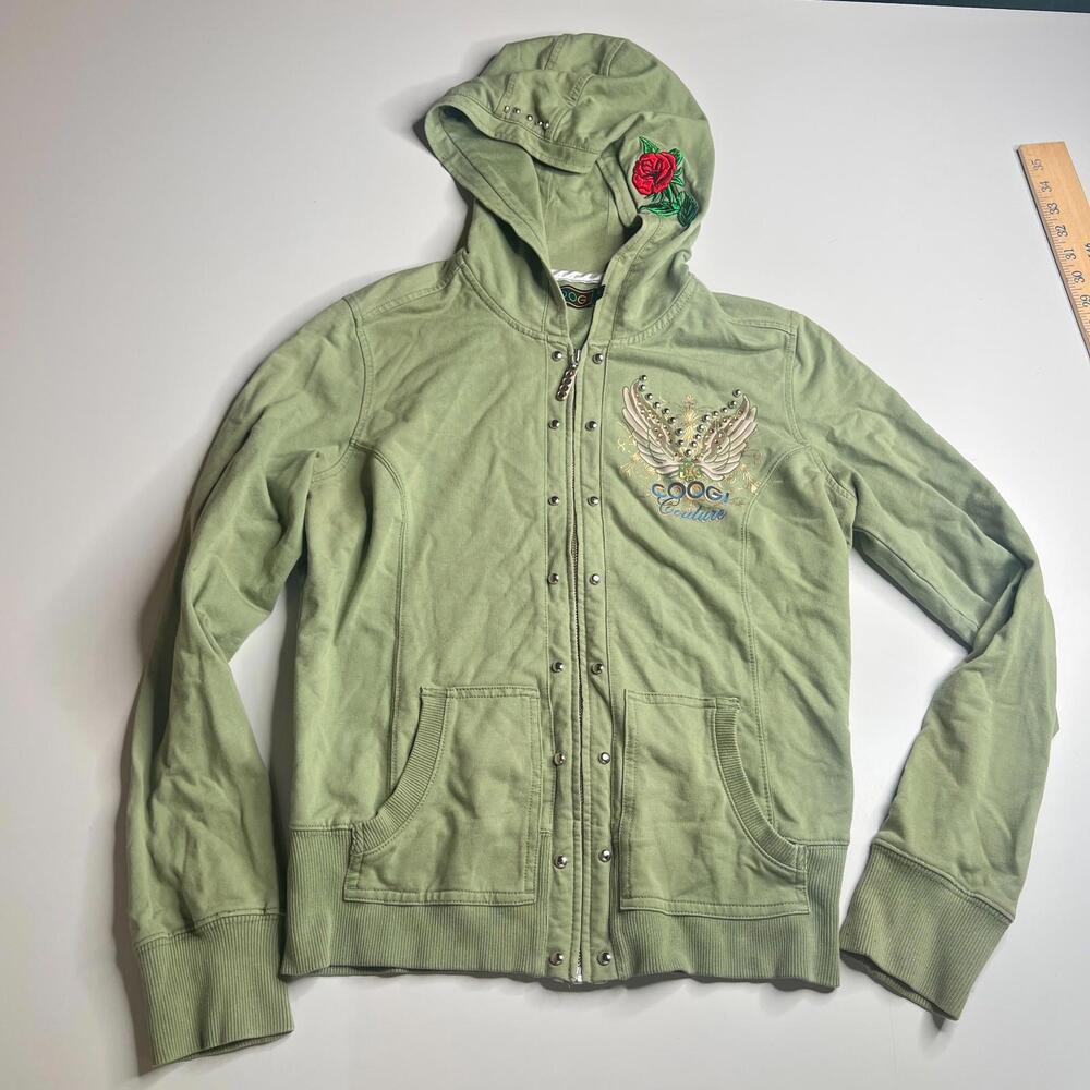 Coogi Couture Women’s Hoodie Jacket XL‎ Green Embroidered Rhinestone Wings Roses